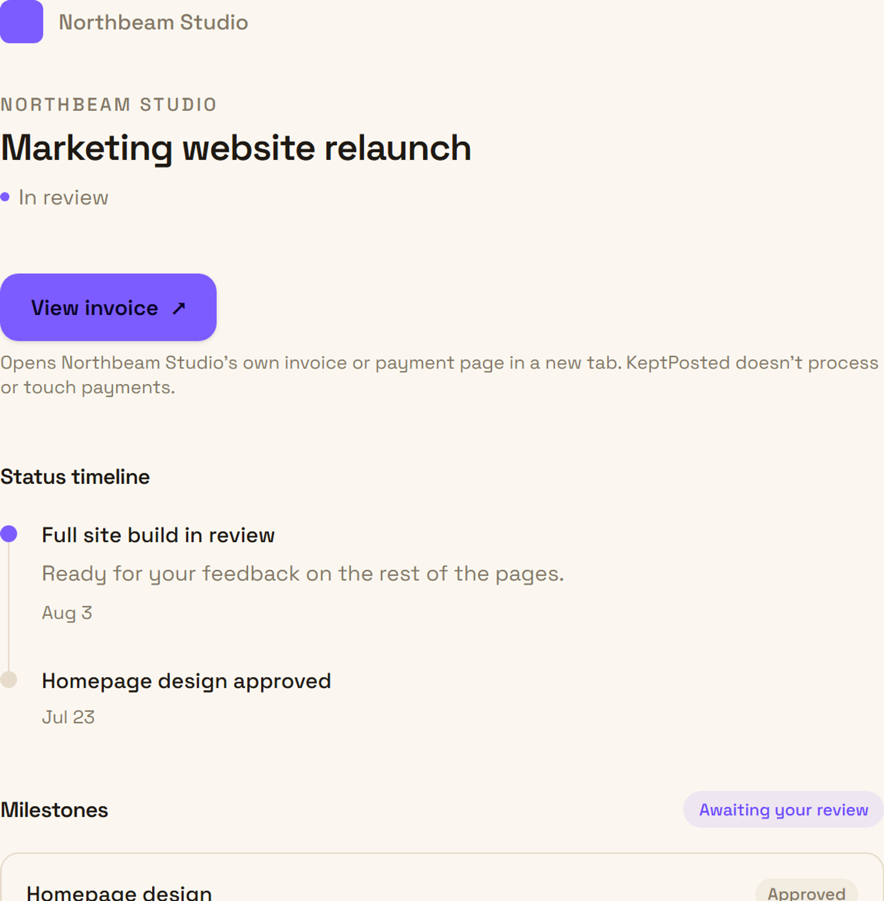 A client's KeptPosted status page, showing project status, a pending approval, and a Pay now button